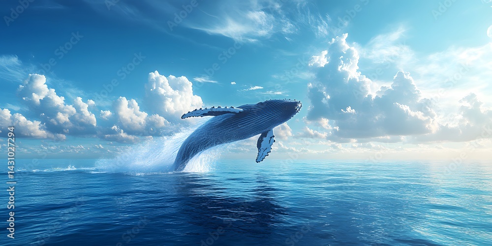 Fototapeta premium Humpback whale breaching high from deep blue ocean, water cascading off its body against clear sky with fluffy clouds, dynamic daylight action shot. 