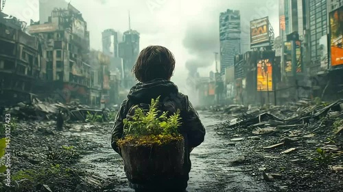 Young boy carrying plant is walking in destroyed city after war or disaster