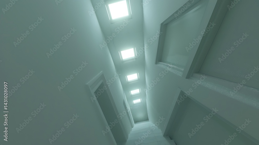 Obraz premium Surreal perspective of a stark white corridor with luminous ceiling panels