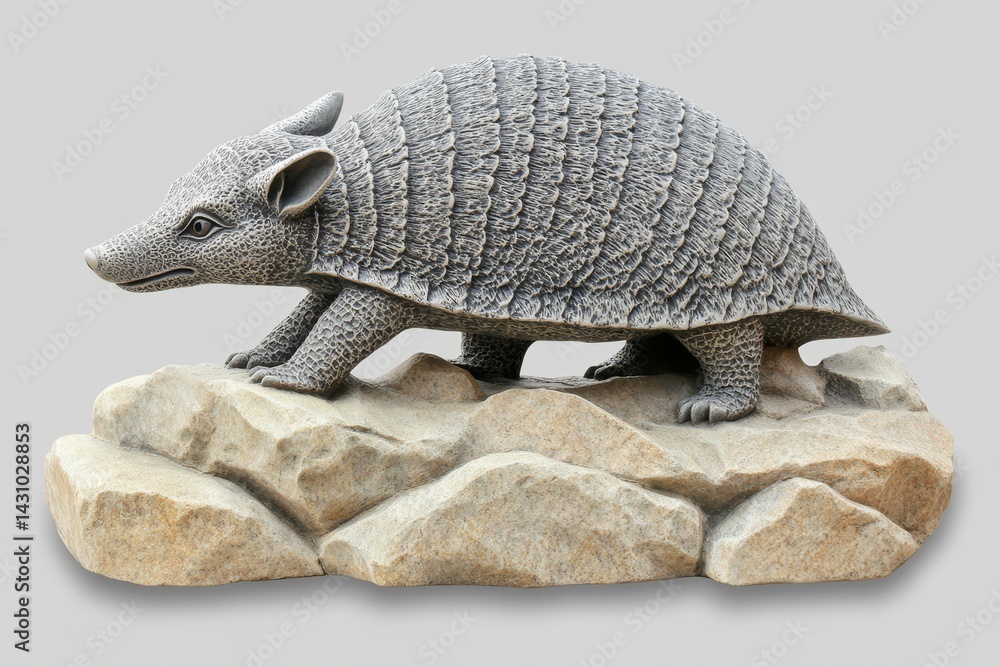 Fototapeta premium Gray armadillo figurine atop a stony, textured base.