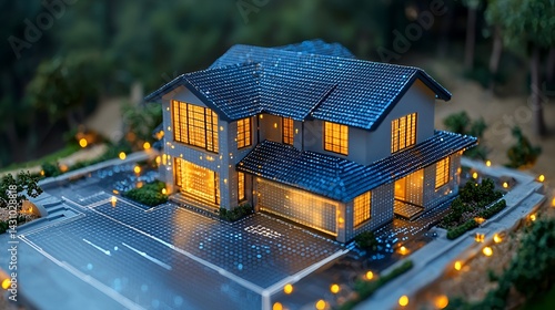 Smart home model with illuminated rooms and driveway.