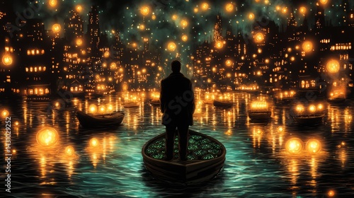 Food security sustainability. A silhouette stands in a boat surrounded by glowing lanterns on water, creating a serene and mystical atmosphere in a cityscape.