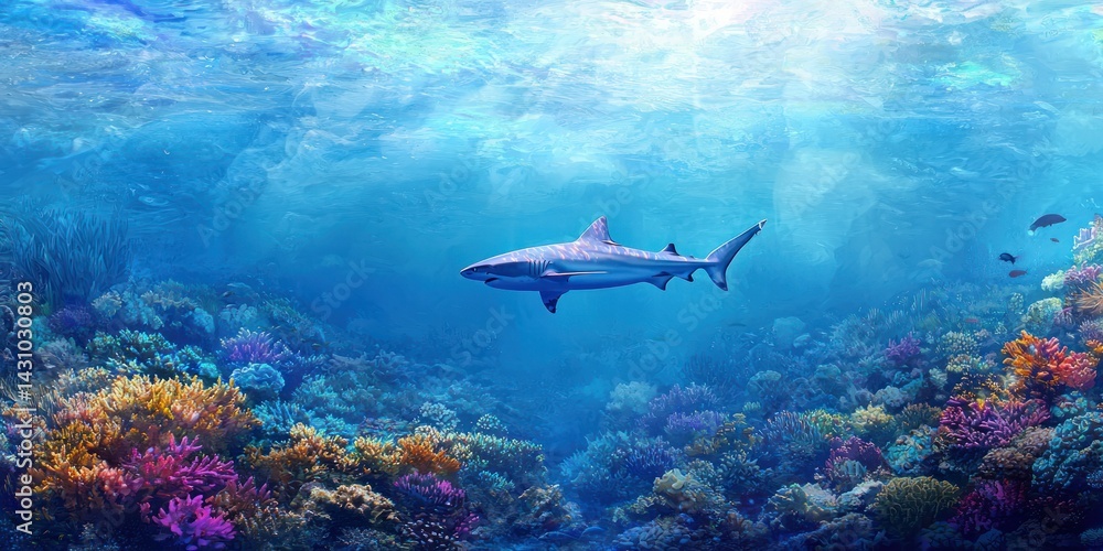 Fototapeta premium A sleek reef shark swimming above a coral reef in clear blue tropical waters