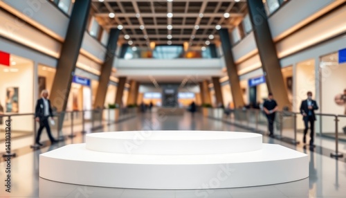 Empty white display podium in a modern shopping mall. Retail, commercial concept with copy space for product placement.