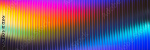 Futuristic ribbed texture with fractal glass effect and smooth fluted vertical lines of rainbow neon gradient. Bold and dynamic design blending bright colors and geometry visuals. Vector illustration