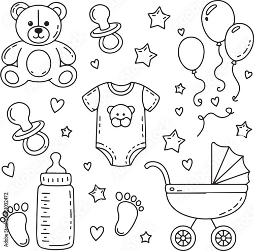 Cute doodle style vector icons for kids including teddy bear, pacifier, rattle, onesie, bottle, baby footprints, stroller, stars, balloons