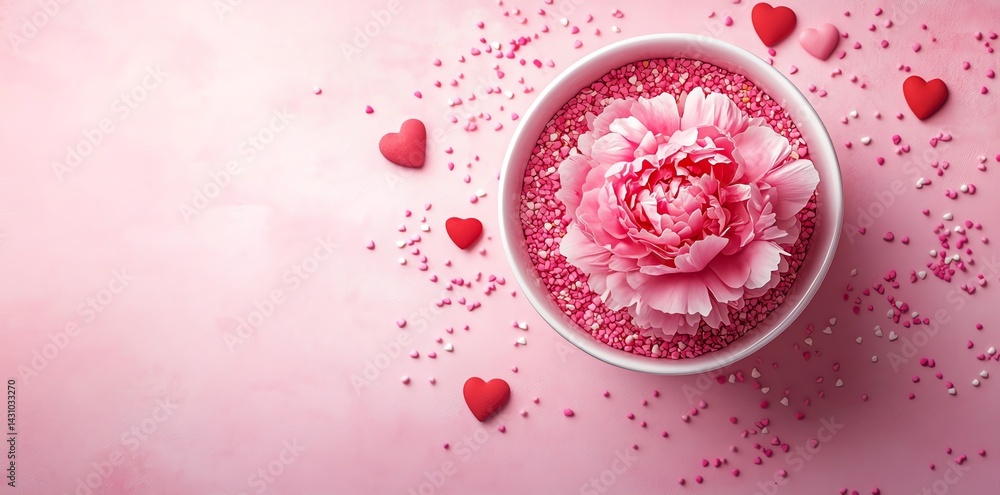 Fototapeta premium Pink Peony Flower in Bowl with Sprinkles and Hearts