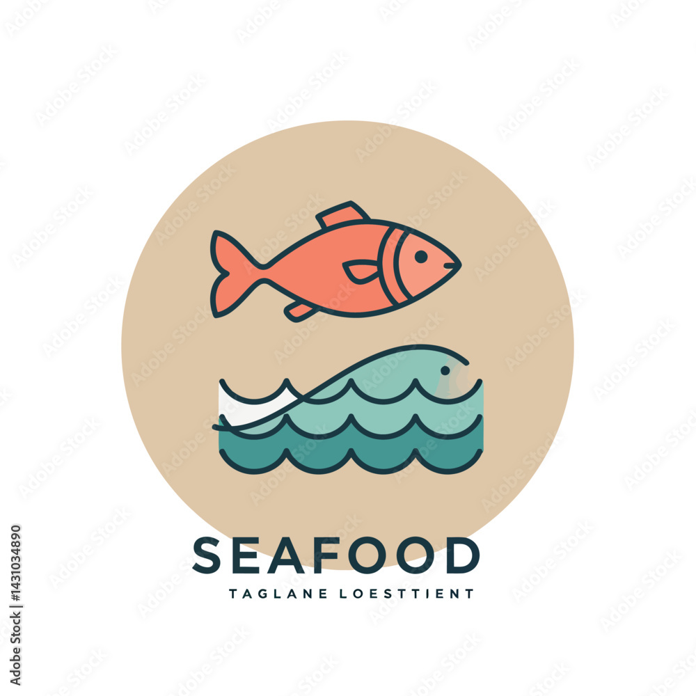Obraz premium Seafood logo design with fish and ocean waves in circle shape vector illustration 
