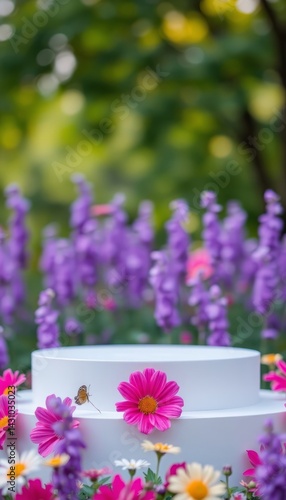 Empty white display podium in a vibrant garden with daisies. Spring, floral concept with copy space for product placement.