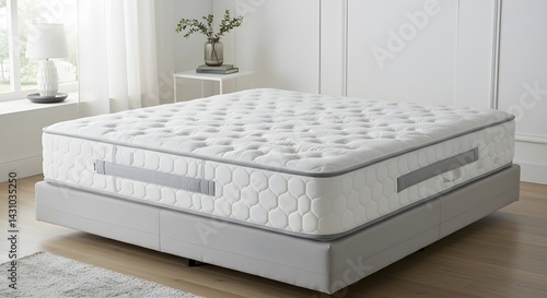 AI image situates a thick white mattress upon a grey bed base within a brightly lit, modern bedroom interior setting.
