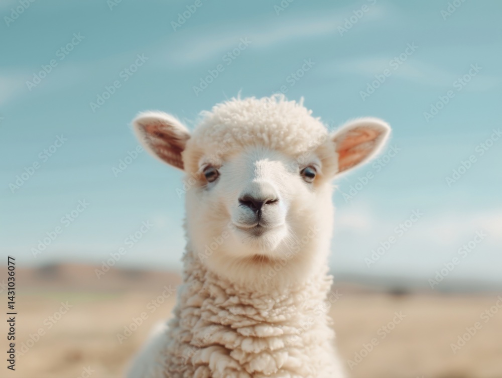 Fototapeta premium Cute lamb with fluffy wool in a sunny field.
