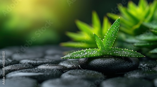 Fresh succulent plant on dark stones