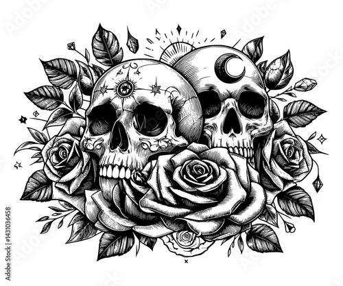 "Roses and Skull: Bold Vector Design, 
Vector art combining dramatic skull and detailed roses. A symbol of beauty and transience, ideal for edgy designs, tattoos or unique artistic decorations.