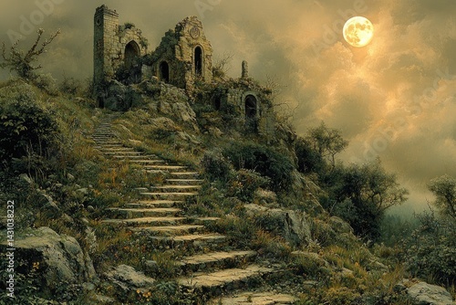 Stone steps lead to a ruined building on a hill under a full moon.