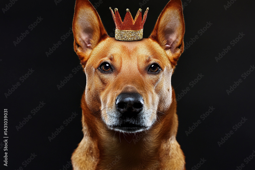Dog proudly wears a tiny crown, showcasing a regal demeanor against a dark background during an indoor photo session Dog proudly wears a tiny crown, showcasing a regal demeanor against a dark background during an indoor photo session