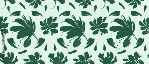Green floral pattern with silhouette flower vector on mint background in seamless pattern botanical style