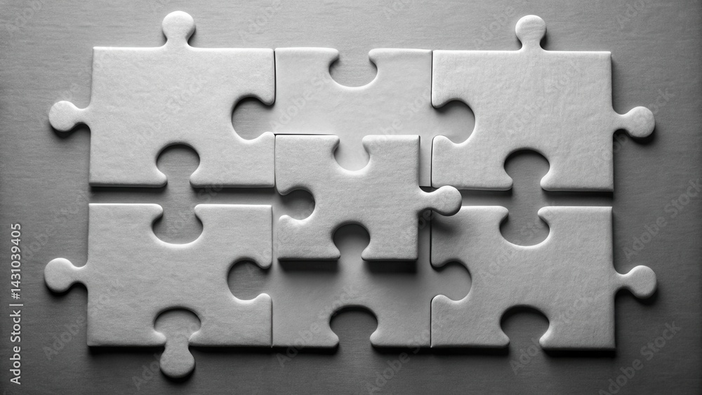 A Close-Up View of Interlocking White Puzzle Pieces on a Neutral Background, Symbolizing Connection, Teamwork, and the Completion of a Shared Goal A Close-Up View of Interlocking White Puzzle Pieces on a Neutral Background, Symbolizing Connection, Teamwork, and the Completion of a Shared Goal
