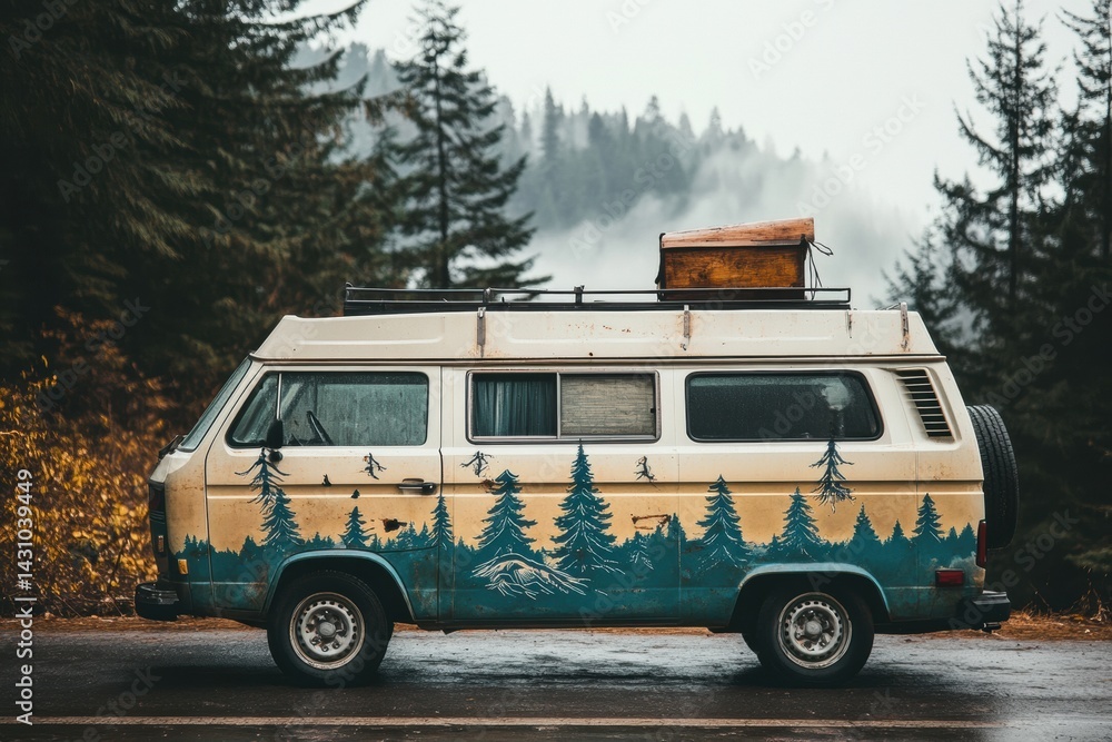 Vintage Van Adorned With Pine Tree Patterns Ready for Adventure in a Misty Forest Location Generative AI