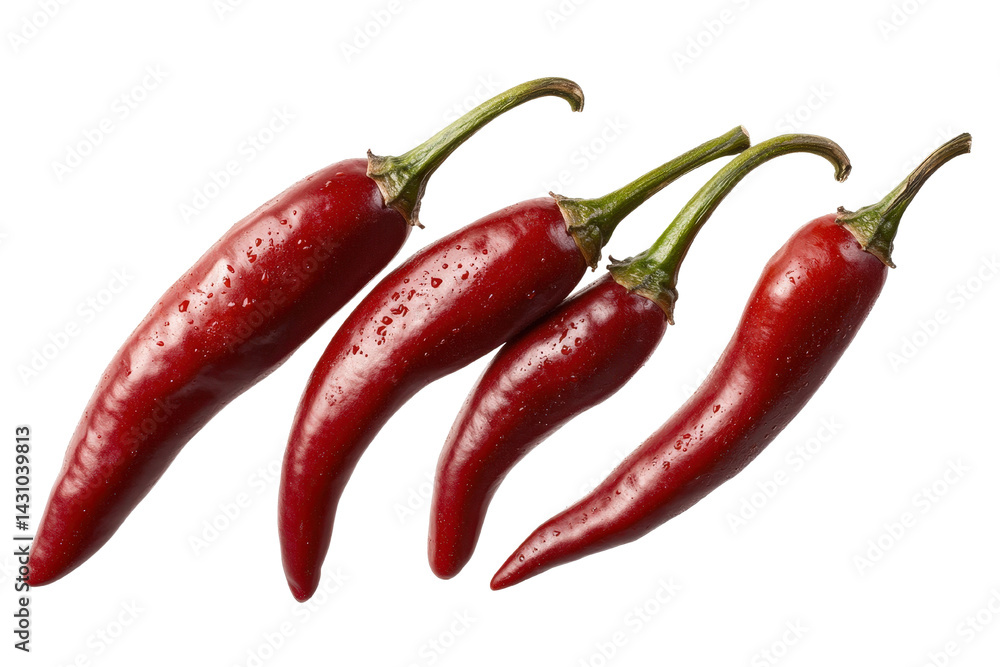 Fresh Red Chili Peppers with Water Droplets on Isolated Background Fresh Red Chili Peppers with Water Droplets on Isolated Background