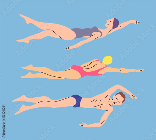Cartoon Color Characters People Professional Swimmers in Action Set Concept Flat Design Style. Vector illustration of Backstroke and Freestyle