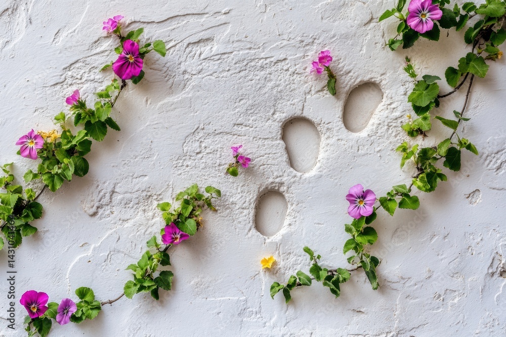 Footprints on White Ground With Blooming Flowers Creating a Vibrant Natural Pathway Through a Serene Landscape Generative AI