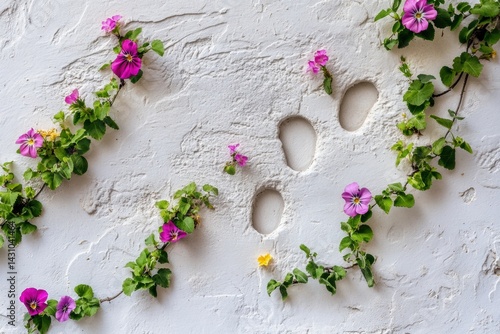 Footprints on White Ground With Blooming Flowers Creating a Vibrant Natural Pathway Through a Serene Landscape Generative AI