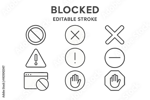 Vector icon set featuring elements indicating block, warning, and restriction in a minimalist design appropriate for graphic applications