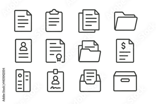 Vector icon set representing documents, files, and organization tools for business and personal use