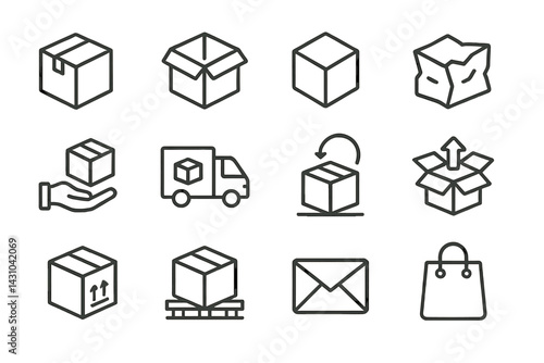 Line art delivery and logistics vector icon set showcasing boxes, truck, hand, mail, damaged, and shopping bag for shipping services