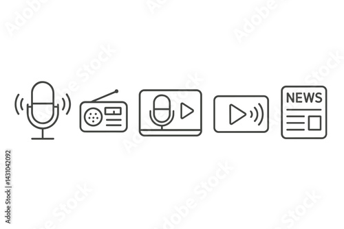 Vector icon set showcasing diverse media formats including microphone, radio, video player, and news
