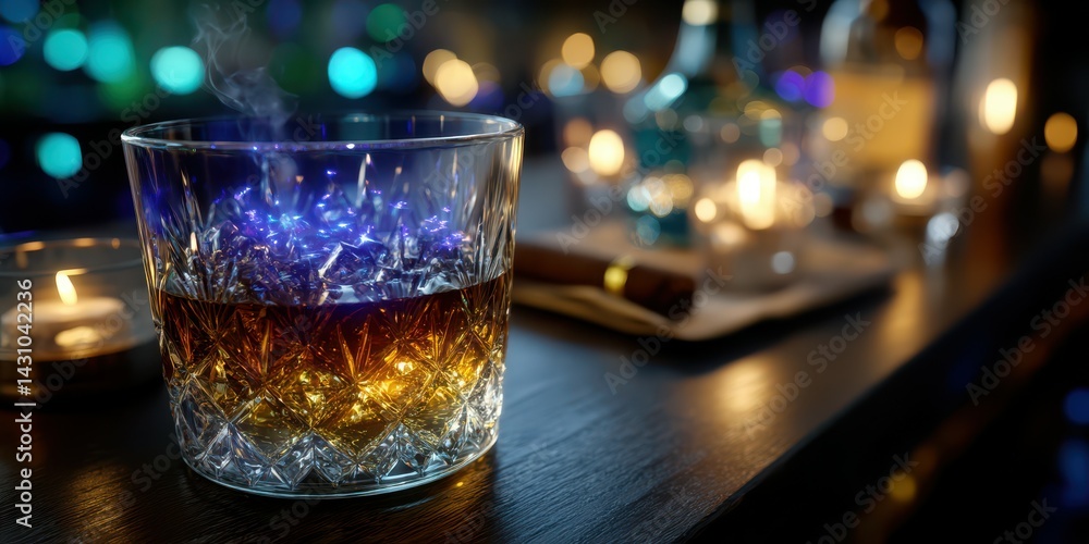 Nighttime gathering with whiskey and soft candlelight creating a cozy atmosphere near shimmering decorations Nighttime gathering with whiskey and soft candlelight creating a cozy atmosphere near shimmering decorations
