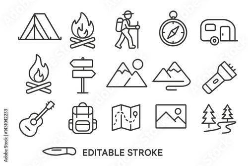Vector icon set featuring camping essentials, outdoor activities, and adventure elements for travel enthusiasts