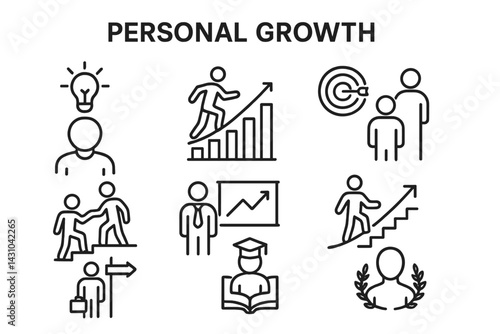 Collection of vector icons depicting aspects of personal growth and development through various activities and achievements