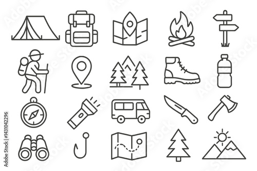 Vector icon set illustrating outdoor camping and hiking activities with essential gear and nature elements for adventure enthusiasts