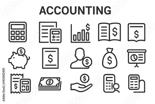 Vector icon set illustrating various accounting concepts, tools, and financial activities in a modern design