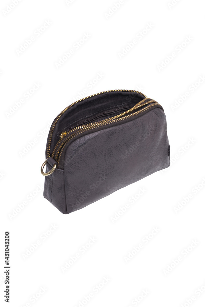 Black leather clutch with double zipper closure isolated on white background. Cut out isolated on white background Black leather clutch with double zipper closure isolated on white background. Cut out isolated on white background