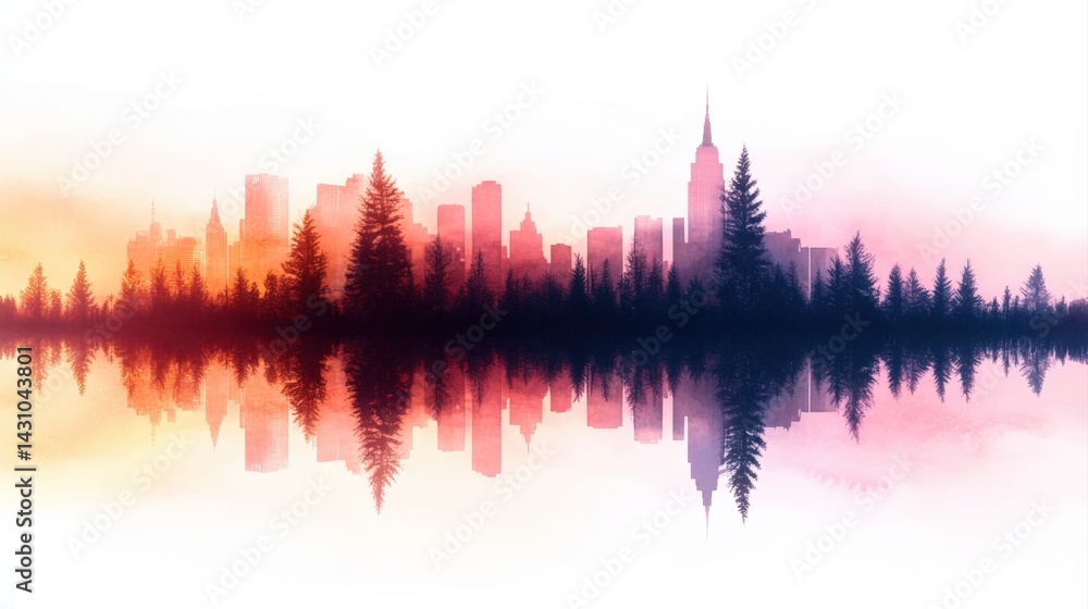 Fototapeta premium Stunning skyline reflection at sunset.