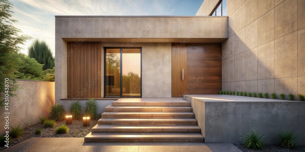 Modern minimalist house exterior with wooden door and glass windows, illuminated steps and landscaping at sunset Modern minimalist house exterior with wooden door and glass windows, illuminated steps and landscaping at sunset