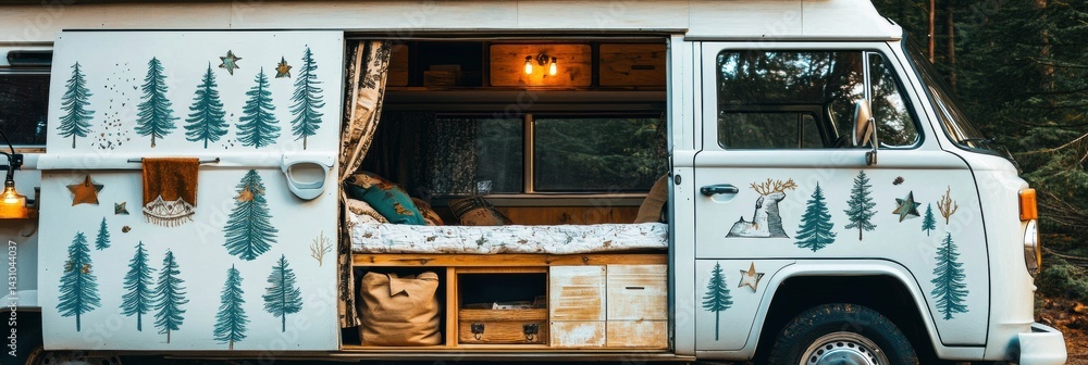 Creative Vintage Van With Pine Tree Patterns Invites Adventures in a Tranquil Forest Setting Generative AI