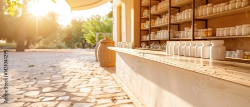 Sunny outdoor shop with rustic charm.
