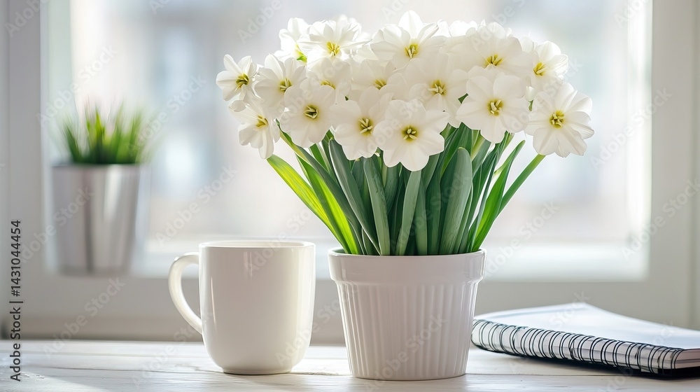 Fototapeta premium Bright white blossoms in a simple pot placed beside a cup and planner