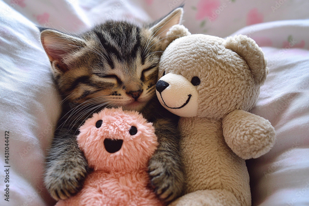 Fototapeta premium Kitten snuggles with plush toys in cozy bed and enjoys peaceful sleep during the afternoon