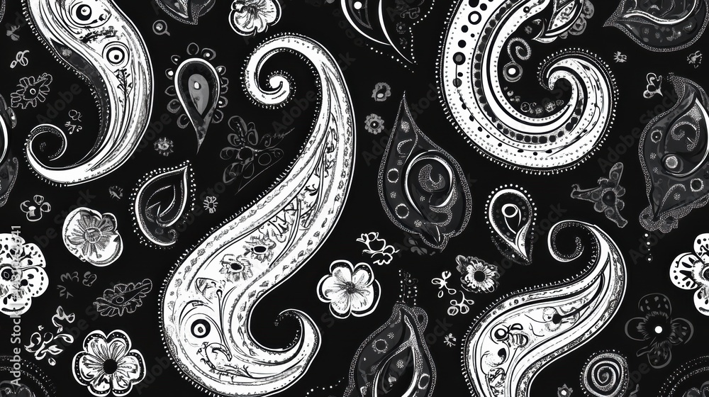Ornamental Black and White Paisley Pattern With Seamless Design Featuring Intricate Details and Various Shapes Generative AI