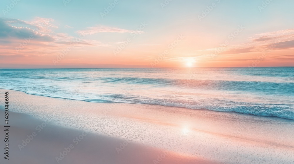 Fototapeta premium Sunset over calm ocean waves, with soft colors reflecting on sand