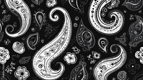 Obraz na płótnie Ornamental Black and White Paisley Pattern With Seamless Design Featuring Intricate Details and Various Shapes Generative AI w salonie
