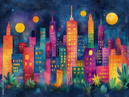 Colorful cityscape illustration with tall buildings under a dark starry sky.