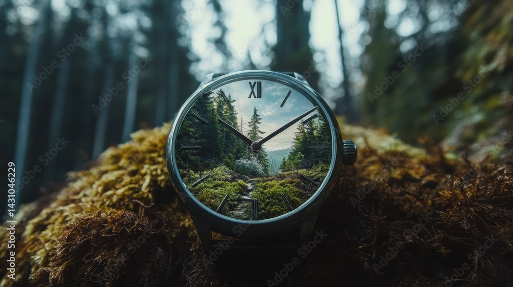 Creative Watch Face Depicting Time Through Seasons in a Pine Forest Setting With Lush Greenery and Serene Landscapes Visible on the Dial Generative AI