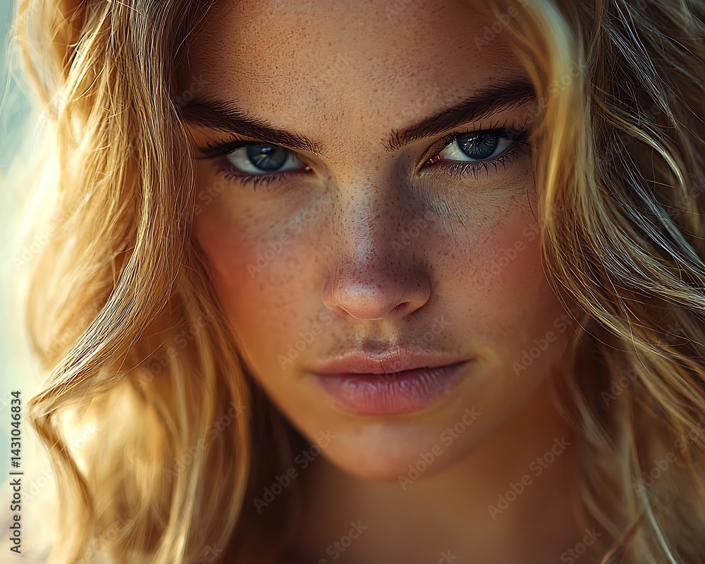 Close-up portrait of a woman with expressive eyes and freckles. Natural beauty, blonde hair, confident gaze Close-up portrait of a woman with expressive eyes and freckles. Natural beauty, blonde hair, confident gaze