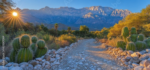 Majestic Mountain Sunset: A Desert Oasis Path