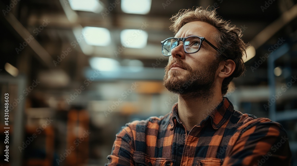 Fototapeta premium Factory worker pensive, arms crossed, industry background